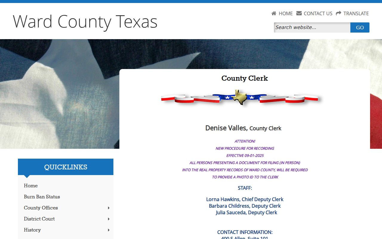 Ward County warrant lookup office directory for the County Clerk