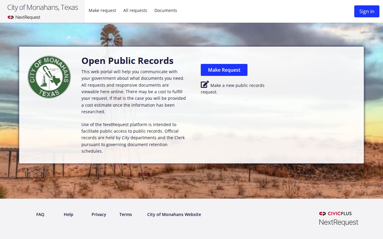 Monahans warrant records request portal for existing city records