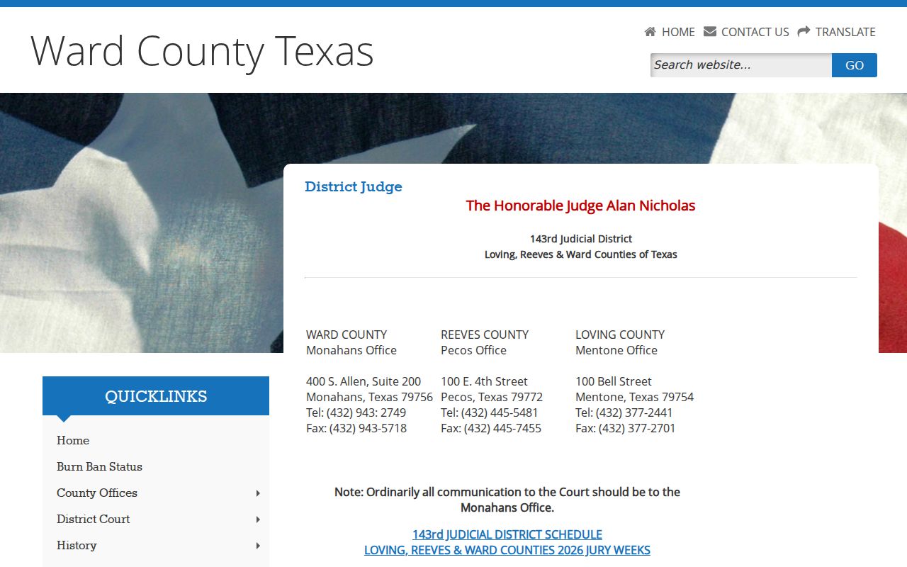 143rd Judicial District Court information for Ward County warrant case routing